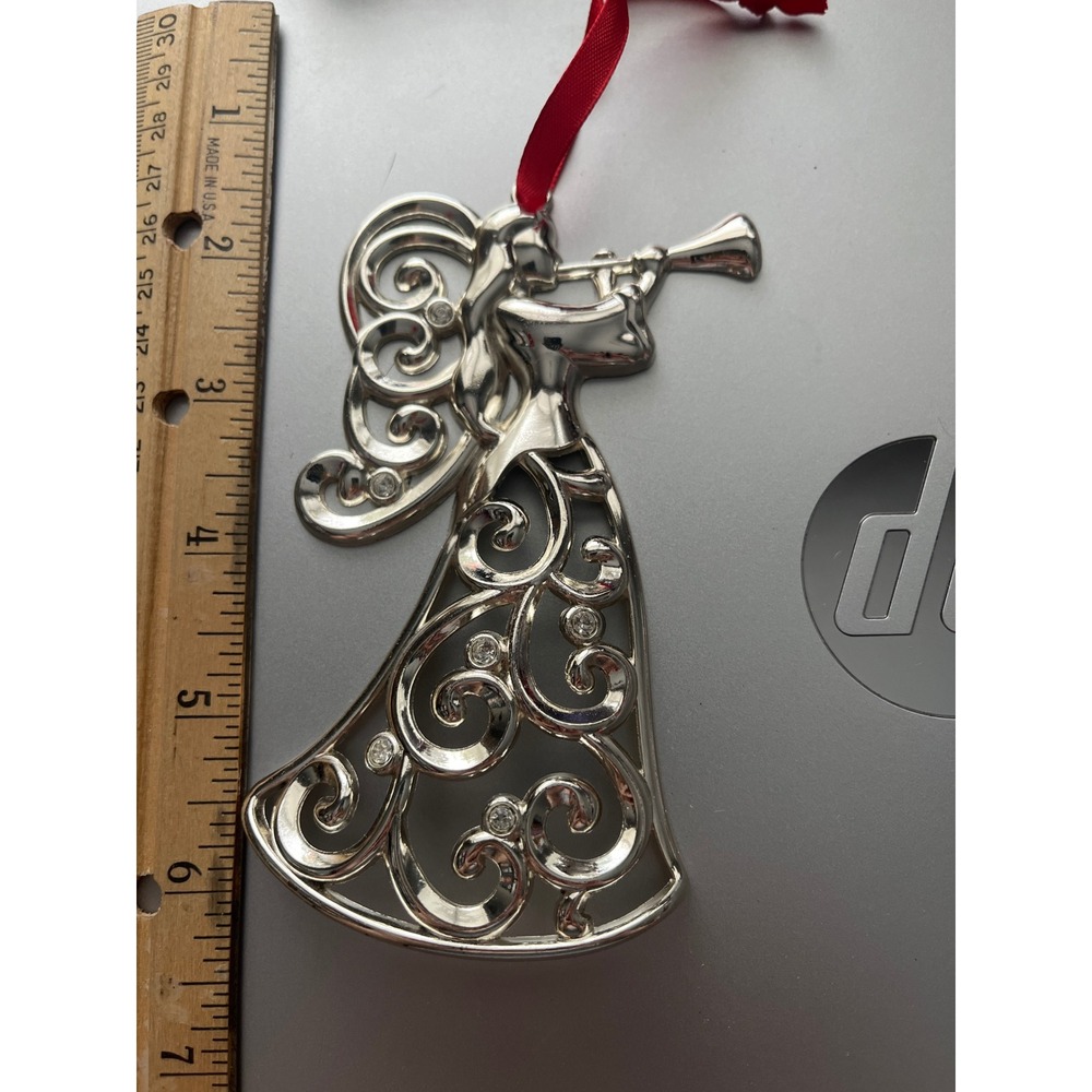 Silver Tone Filigree Angel with Trumpet Christmas Ornament Rhinestone Accents
